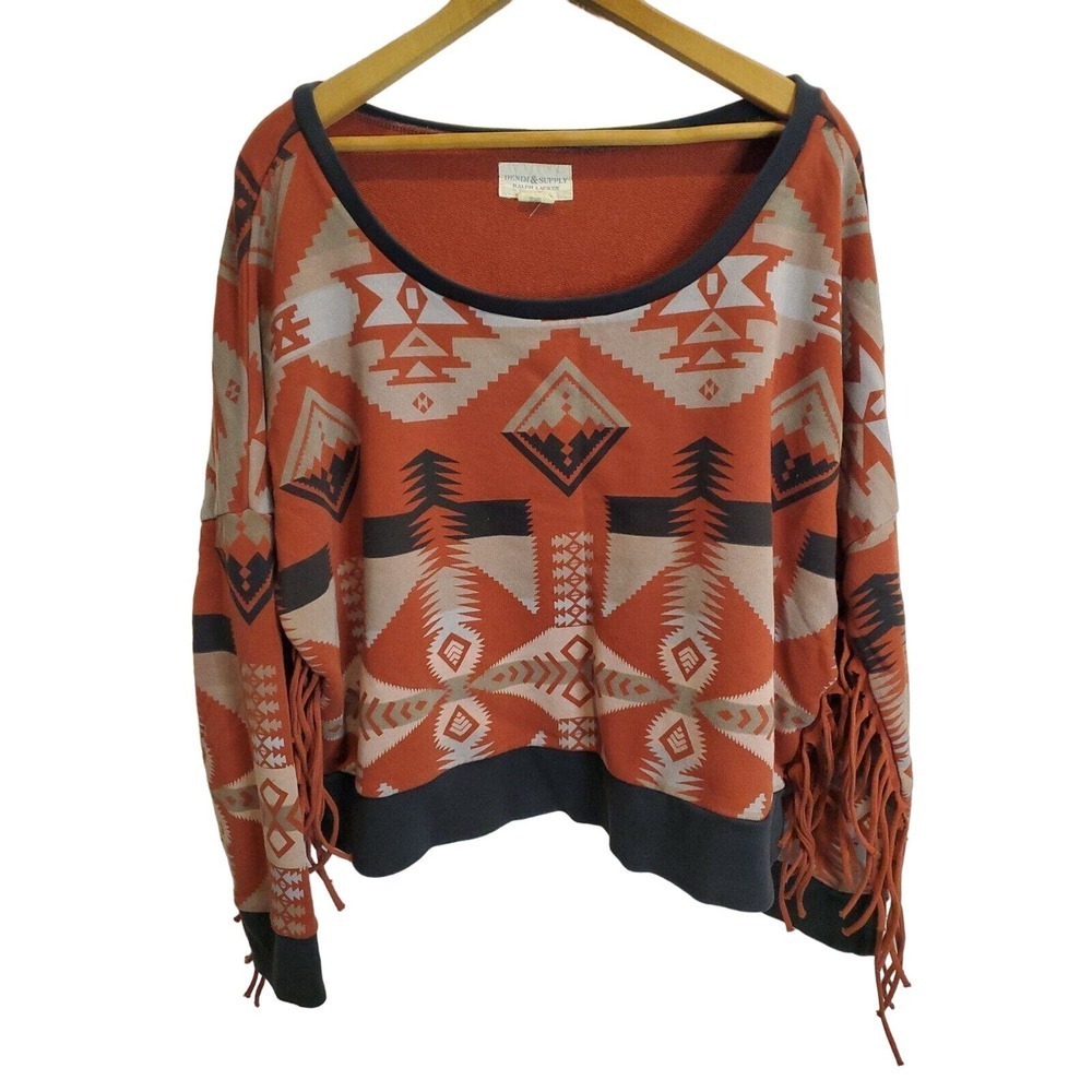 Denim & Supply Ralph Lauren Sweatshirt XL Tribal Aztec Southwestern Fringe top